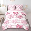 Erosebridal Cute Cartoon Bow Bed in A Bag Dreamy Princess Style Queen Comforter Set 7 Piece Lovely Kawaii Bowknot Bedding Set for Kids Girls Teen Women,Aesthetic Coquette Butterfly Knot Bed Set