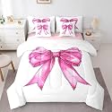 Erosebridal Cute Kawaii Bow Bed in A Bag Pink Ribbon Bow Bedding Set for Kids Girls Teen Women,Watercolor Bowknot Full Comforter Set 7 Piece Rose Pink Princess Style Sheet Set with Comforter