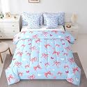 Erosebridal Cute Kawaii Bowknot Bed in A Bag Dreamy Princess Bow Bedding Set Pink Ribbon Butterfly Knot Queen Comforter Set 7 Piece for Coquette Bedroom Decor,Blue Watercolor Bed Set
