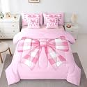 Erosebridal Cute Kawaii Bowknot Bedding Set Dreamy Princess Bow Bed in A Bag for Kids Girls Teen Women,Pink Ribbon Bow Twin Comforter Set 7 Piece Geometric Plaid Bowknot Sheet Set with Comforter