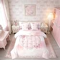 Erosebridal Cute Pink Bow Full Bed in A Bag 7 Piece Girly Ribbon Bow Knot Comforter Set with Sheets Pearl Princess Bowknot Bedding Sets for Kids Girls Teens Women,Shiny Butterfly Knot Rose Bed Set