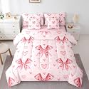Erosebridal Dreamy Princess Bow Girls Bedding Set Cute Girly Bowknot Full Comforter Set 7 Piece Pink Watercolor Kawaii Bed in A Bag Love Heart Bow Bed Set for Kids Teen Adults Room Decor