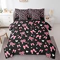 Erosebridal Dreamy Princess Bowknot Girls Bedding Set Cute Girly Bow Bed in A Bag Pink Kawaii Butterfly Knot Full Comforter Set 7 Piece for Kids Teen Women,Aesthetic Coquette Bed Set,Pink Black