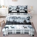 Erosebridal Elk Deer Comforter Set 7 Piece Bed in a Bag Twin, Blue Checked Plaid Bedding Sets Christmas Moose Reindeer Comforter and Sheet Set, Rustic Pine Trees Woodland Wildlife Farmhouse Decor