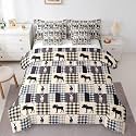 Erosebridal Elk Deer Comforter Set 7 Piece Bed in a Bag Twin, Moose Buffalo Checked Bedding Sets Tropical Jungle Wildlife Plaid Comforter and Sheet Set, Vintage Patchwork Geometry Room Decor