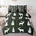 Erosebridal Elk Deer Comforter Set 7 Piece Bed in a Bag Twin, Cute Abstract Bear Bedding Sets Woodland Wildlife Comforter and Sheet Set, Pine Trees Jungle Wild Animals Room Decor