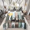 Erosebridal Elk Deer King Size Comforter Set with Sheets, Farmhouse Decor Rustic Barn Door 7 Piece Bedding Set Reindeer Bed in a Bag, Country Lodge Cabin Cottage Woodland Animals Bed Sets, Blue Brown