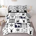 Erosebridal Elk Deer Twin Comforter Set with Sheets, Moose Bear 7 Piece Bedding Set Woodland Animals Bed in a Bag, Tribal Arrow Black White Buffalo Checked Patchwork Bed Sets
