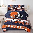 Erosebridal Football 7 Pcs Comforter Set King Football City Bedding for Men Blue Orange Football Fans Sheet Set Bed in A Bag Rugby Game Room Decor Sports Ball Competition Quilt