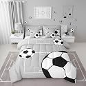 Erosebridal Football 7 Piece Bedding Set Twin Boys Sports Comforter Set with Sheets Soccer Ball Theme Playground Bed in a Bag Football Court Pattern Grey White for Kids Boys Girls