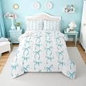 Erosebridal Girls Blue Bow Full Comforter Set,Bowknot Princess Bedding Set for Kids Girls Room Decor,Cute Blue Bows Quilt Set Aesthetic Ribbon Bow Tie Bed Comforter Sets,2 Pillowcases