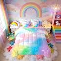 Erosebridal Girls Ombre Rainbow Full Bedding Set 7 Piece Colorful Glitter Starry Sky Bed In A Bag With Sheets Gradient Tie Dye Cloud Comforter Set For Kids Teens Women,Shiny Watercolor Pastel Bed Sets