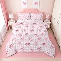 Erosebridal Girls Pink Bow Twin Comforter Set | Coquette Ribbon Bow Tie Bedding Sets for Kids Women, Pink and White Checkered Bed Set, Cute Preppy Bows Room Decor, 1 Pillowcase
