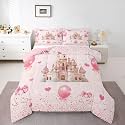 Erosebridal Girls Pink Princess Comforter Set King Size,Pink Bow Castle Bedding Set for Kids Room Decor,Kawaii Bowknot Quilt Bed Set Sweet Love Heart Print Bed Comforter Sets with 2 Pillowcases