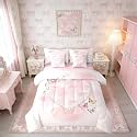 Erosebridal Girls Pink Ribbon Bow Full Comforter Set with Sheets 7 Piece Princess Pearl Bowknot Bed in A Bag Glitter Butterfly Rose Bedding Sets for Kids Teens Women,Cute Romantic Coquette Bed Set