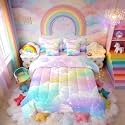 Erosebridal Gradient Rainbow Queen Bed in A Bag 7 Piece Colorful Shiny Clouds Comforter Set with Sheets Glitter Starry Sky Bedding Sets for Kids Girls Teens Women,Girly Cute Tie Dye Bed Set