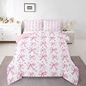 Erosebridal Kawaii Pink Ribbon Comforter Set King Size Cute Love Bedding Set for Adutls Men Women Coquette Bowknot Comforter Princess Bow Tie Quilt Bedroom Decor