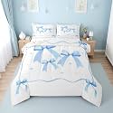 Erosebridal Light Blue Bow Queen Comforter Set for Girls | Coquette Ribbon Bows Bedding Sets for Kids Women, Blue and White Bow Tie Bed Set, Preppy Bowtie Room Decor, 2 Pillowcases