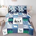 Erosebridal Lodge Cabin Bed in a Bag King Size Comforter Set 7 Pieces, Wildlife Bear Elk Deer Hunting Bedding Sets Blue Camouflage Comforter and Sheet Set, Rustic Reindeer Woodland Animals Room Decor