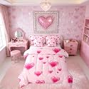 Erosebridal Love Full Comforter Set with Sheets 7 Piece Romantic Valentine Day Bed in A Bag Kawaii Heart Shaped Geometric Bedding Sets for Kids Girls Teens Women,Shiny Love Heart Bed Set