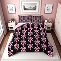 Erosebridal Pink and Black Bow Full Bedding Set | Cute Coquette Bowtie Comforter Set for Girls Kids, Pink Ribbon Bow Tie Striped Quilt, Aesthetic Bows Bedroom Decor, 2 Pillowcases