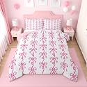 Erosebridal Pink Bow Full Comforter Set for Girls | Pink Ribbon Bow Tie Bedding Set for Kids Women, Cute Coquette Bows Striped Quilt, Princess Bowtie Bedroom Decor, 2 Pillowcases