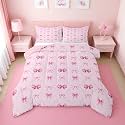 Erosebridal Pink Bow Tie King Comforter Set for Girls | Cute Pink Ribbon Bows Bedding Set for Kids Women, Coquette Bowtie Quilt, Princess Bow Knot Bedroom Decor, 2 Pillowcases