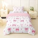 Erosebridal Pink Bow Twin Bedding Sets for Girls Kids Cute Bow Tie Comforter Set Coquette Room Decor, Pink and White Polka Dot Bed Set Girly Princess Bowknot Comforter Sets with 1 Pillowcase