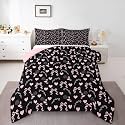 Erosebridal Pink Bowknot Comforter Set Full Size Love Rose Bedding Set for Kids Boys Girls Cute Floral Bow Comforter Black Ribbon Tie Quilt Bedroom Decor