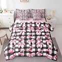 Erosebridal Pink Cherry Bow Bedding Set Watercolor Ribbon Bowknot Full Comforter Set 7 Piece Cute Kawaii Bow Bed in A Bag for Kids Teen Adults Room Decor,Black Geometric Plaid Bowknot Bed Set