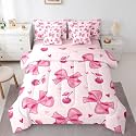 Erosebridal Pink Cherry Bow Full Comforter Set 7 Piece Cute Girly Bowknot Bedding Set for Kids Teen Adults,Dreamy Princess Bow Bed in A Bag Watercolor Love Heart Butterfly Knot Bed Set
