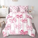 Erosebridal Pink Kawaii Bowknot Full Comforter Set 7 Piece Cute Cartoon Bow Bedding Set for Kids Girls Teen Women,Dreamy Princess Butterfly Knot Bed in A Bag Watercolor Lace Bow Bed Set