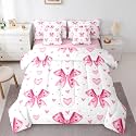 Erosebridal Pink Love Heart Bowknot Bed in A Bag Dreamy Princess Bow Girls Bedding Set Cute Kawaii Bowknot Twin Comforter Set 7 Piece for Kids Teen Women,Pink Ribbon Butterfly Knot Bed Set