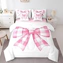 Erosebridal Pink Plaid Bow Queen Comforter Set 7 Piece Cute Kawaii Princess Bedding Set Dreamy Aesthetic Bowknot Bed in A Bag for Kids Girls Teen Women,Romantic Coquette Sheet Set with Comforter