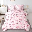 Erosebridal Pink Ribbon Bow Bedding Set Cute Kawaii Bowknot King Comforter Set 7 Piece for Kids Girls Teen Women,Dreamy Princess Style Bed in A Bag Watercolor Love Heart Pink Bed Set