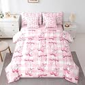 Erosebridal Pink Ribbon Bowknot Queen Comforter Set 7 Piece Dreamy Princess Bedding Set Cute Kawaii Cherry Bow Bed in A Bag Geometric Plaid Bed Set for Kids Girls Teen Women Room Decor