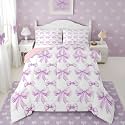 Erosebridal Purple Bow King Comforter Set for Girls - Cute Bows Bedding Sets for Kids Women, Purple Ribbons Bowtie Bed Set, Princess Bow Knot Kawaii Room Decor with 2 Pillowcases