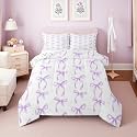 Erosebridal Purple Bowknot King Comforter Set,Purple Ribbon Bow Bedding Set for Girls Women Bedroom Decor,Coquette Bows Quilt Set Dreamy Princess Bow Knot Bed Comforter Sets,2 Pillowcases