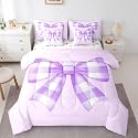 Erosebridal Purple Plaid Bow Full Comforter Set 7 Piece Kids Bowknot Princess Bedding Set,Cute Kawaii Bow Bed in A Bag for Boys Girls,Dreamy Aesthetic Bowknot Purple Sheet Set with Comforter