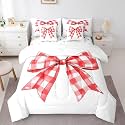 Erosebridal Red White Bow Bed in A Bag Geometric Plaid Bowknot Bedding Set Watercolor Ribbon Bow King Comforter Set 7 Piece Dreamy Aesthetic Bowknot Sheet Set with Comforter for Kids Boys Girls
