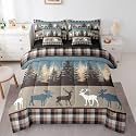 Erosebridal Retro Cabin King Size Comforter Set with Sheets, Checkered Plaid 7 Piece Bedding Set Woodland Animals Wildlife Deer Pine Trees Bed in a Bag, Country Farmhouse Moose Rustic Bed Sets