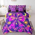 Erosebridal Trippy Bowknot Bed in A Bag for Kids Teen Adults,Purple Yellow Bow Bedding Set Hippie Style Butterfly Knot Full Comforter Set 7 Piece Stars Moon Sun Sheet Set with Comforter