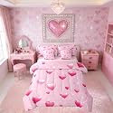 Erosebridal Valentine Day Gift King Bedding Set 7 Piece Cute Pink Heart Bed in A Bag with Sheets Cartoon Love Geometric Comforter Set for Kids Girls Teens Women,Glitter Love Heart Bed Sets