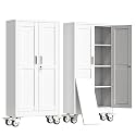 erosoei 61" H Metal Garage Storage Cabinet, Rolling Tool Cabinet with 2 Doors and Wheels, Locker Steel Cabinet with 3 Adjustable Shelves, Organization Cabinet for Garage,Office,Home,Gym,School（White）