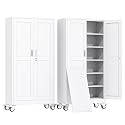 erosoei 74" H Metal Garage Storage Cabinet, Rolling Tool Cabinet with 2 Doors and Wheels, Locker Steel Cabinet with 5 Adjustable Shelves, Organization Cabinet for Garage,Office,Home,Gym,School（White）