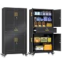 erosoei 75" H Metal Garage Storage Cabinet, Rolling Tool Cabinet with 2 Doors and Wheels, Locker Steel Cabinet with 4 Adjustable Shelves and Drawer, Organization Cabinet for Garage,Office,Gym