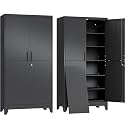erosoei 79" H Metal Garage Storage Cabinet, Black 2‑Door Metal Pantry Cabinet, Steel Locker Cabinet with 5 Adjustable Shelves, Freestanding Cupboard for Garage, Office, Home, Gym, School
