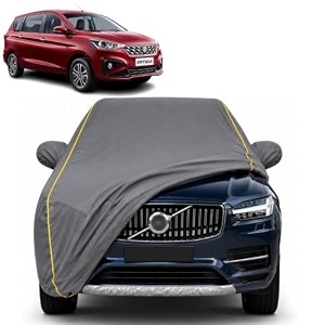 ertiga 100 waterproof car cover  dustproof sun protection cover  soft cotton lining  triple stitched  mirror pocket  antenna pocket  all weather body cover grey with yellow piping