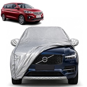 ertiga 100 waterproof car cover  dustproof sun protection cover  soft cotton lining  triple stitched  mirror pocket  antenna pocket  all weather body cover silver with yellow piping