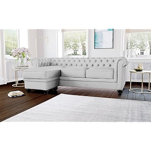 es espinho espn0001 solid sal wood leatherette upholstered 3 seater left hand side facing button tufted chesterfield modular sectional corner l shape sofa set for living room steel grey color